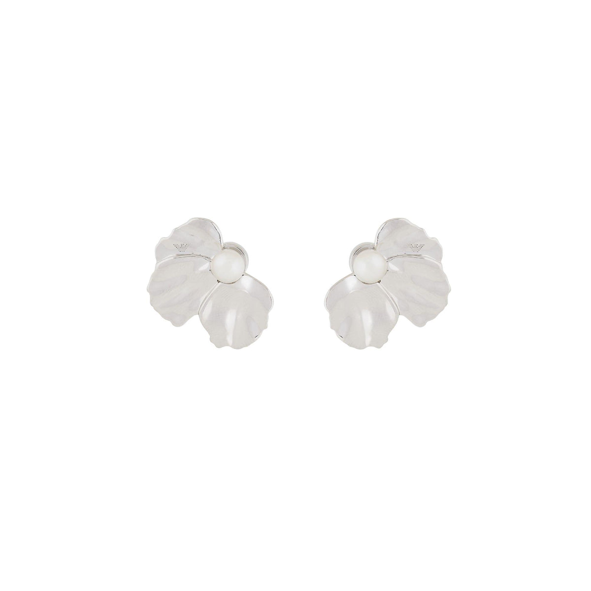 Pearl statement earrings with white petal flower design and round pearl center on silver-tone posts