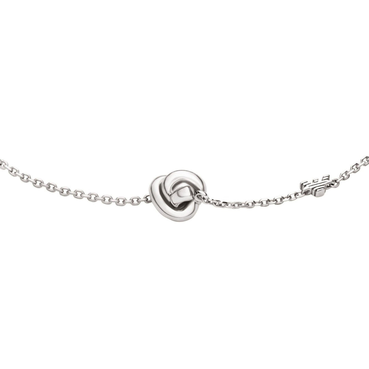 Sterling silver bracelet with heart-knot charm and toggle clasp on thin chain