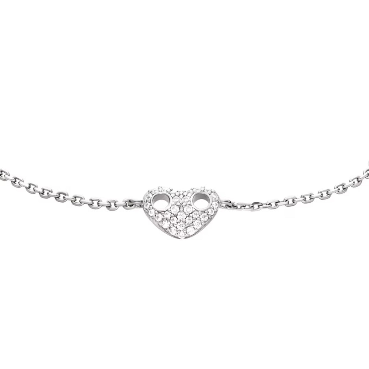 Close-up view of Emporio Armani Marina's Love womens sterling silver chain bracelet EG3647040 showing crystal pavé heart charm