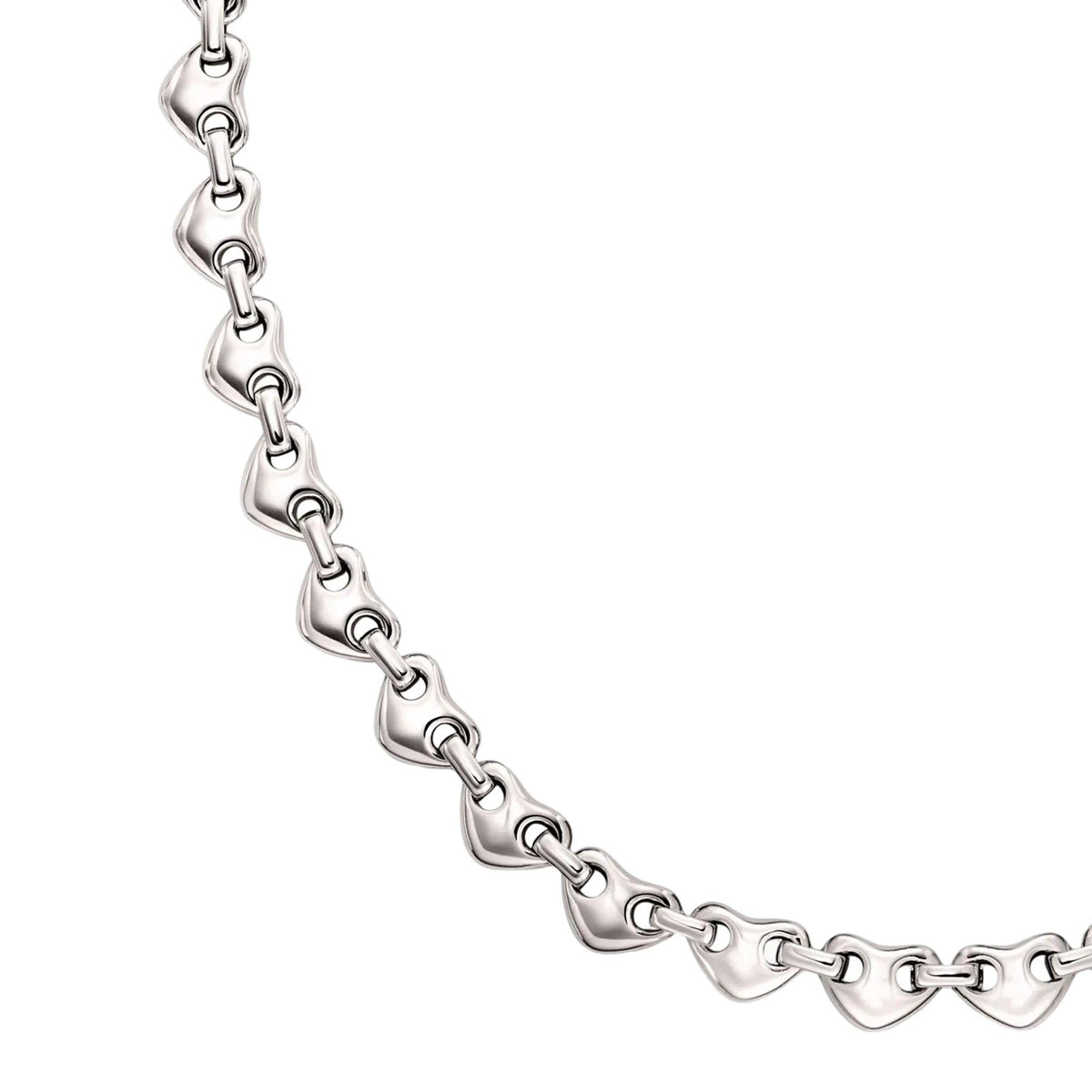 Silvery women's chain necklace close-up of heart-shaped link pattern
