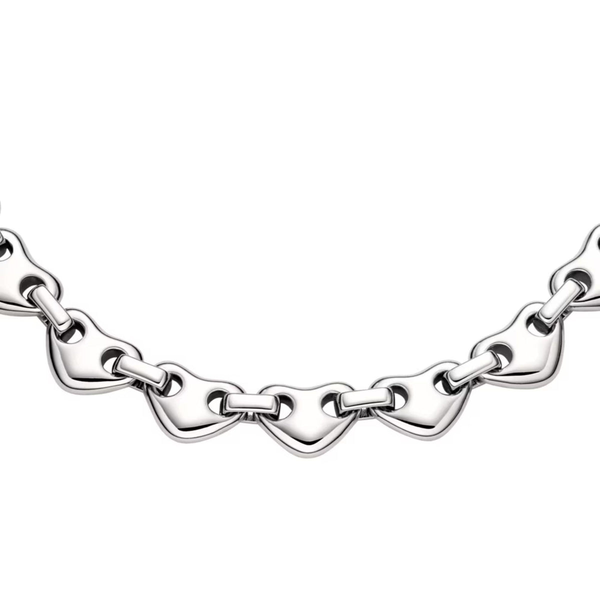 Close-up silver-toned bracelet with heart-shaped link pattern
