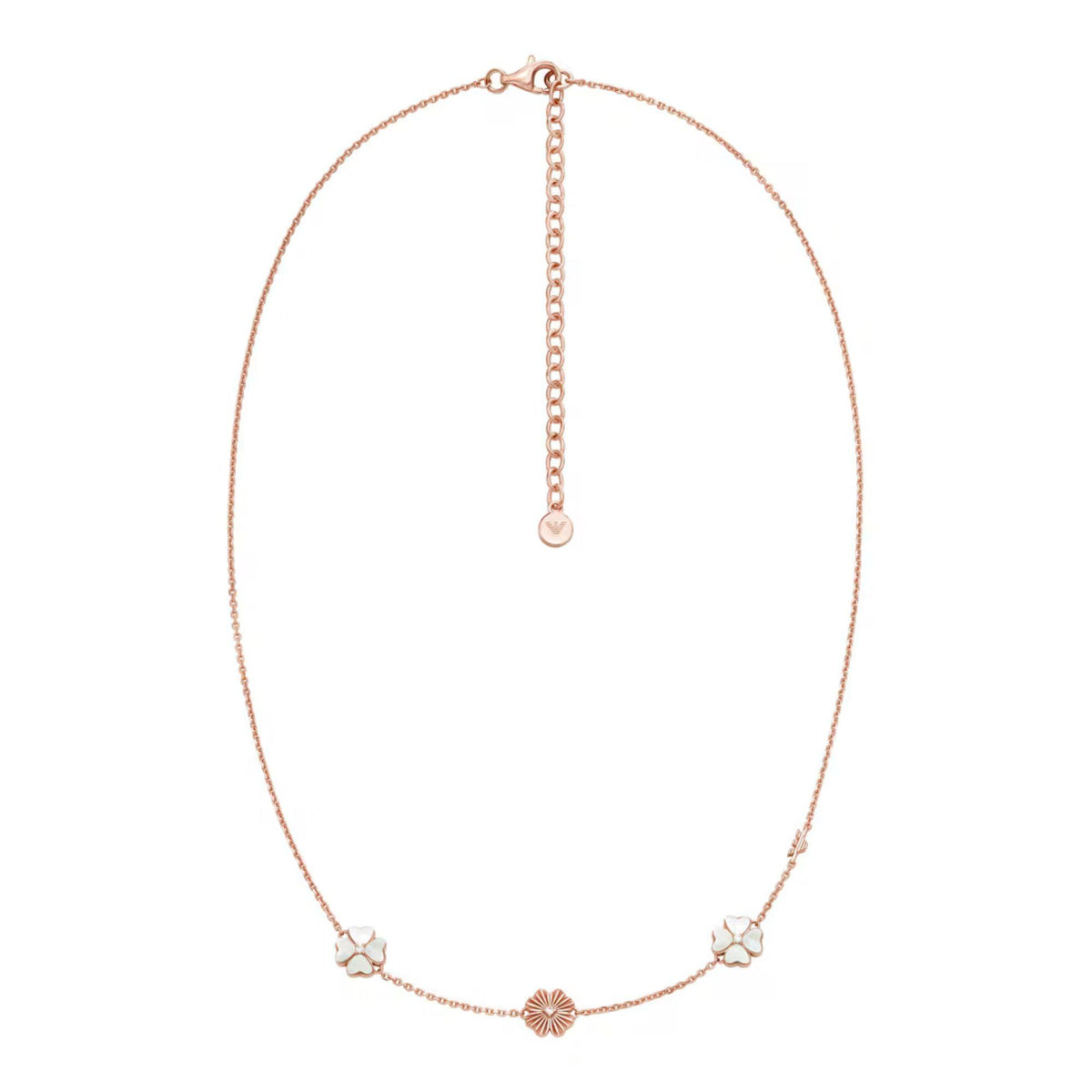 Rose gold-tone clover charm necklace with round center bead and adjustable chain clasp