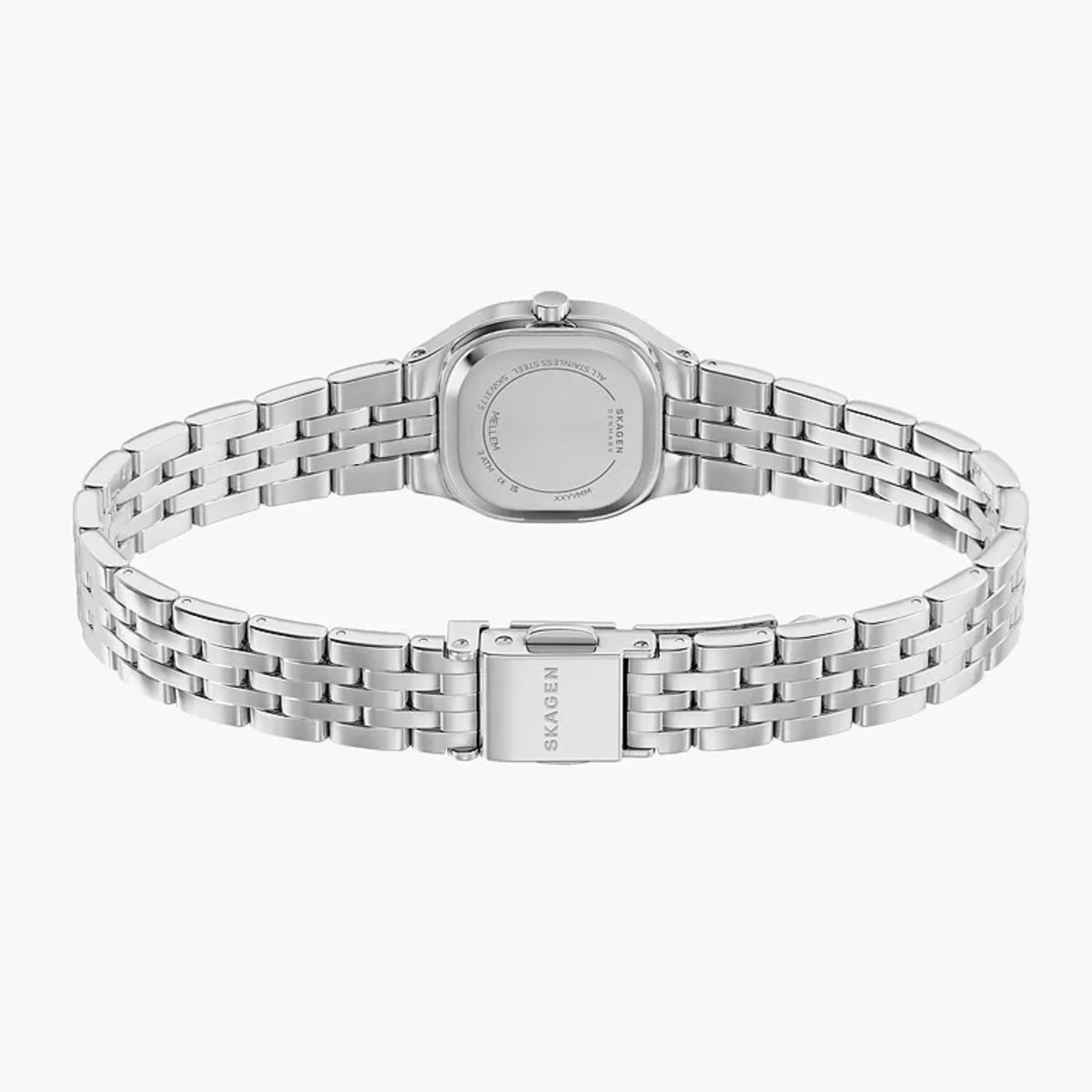 Silver steel watch bracelet with clasp and engraved caseback