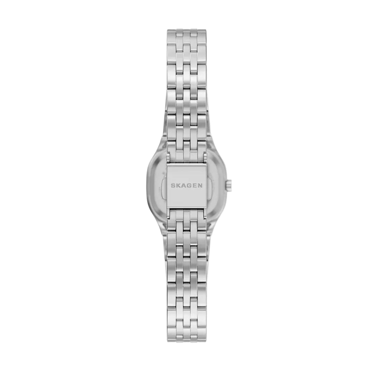 Silver steel quartz watch with white dial, slim profile view