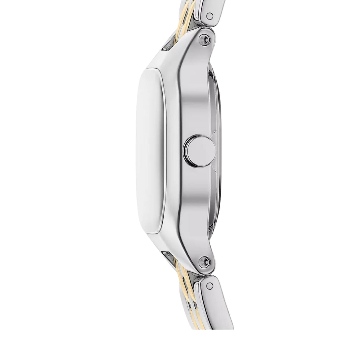 Stainless steel wristwatch case side view with crown; two-tone strap edge detail