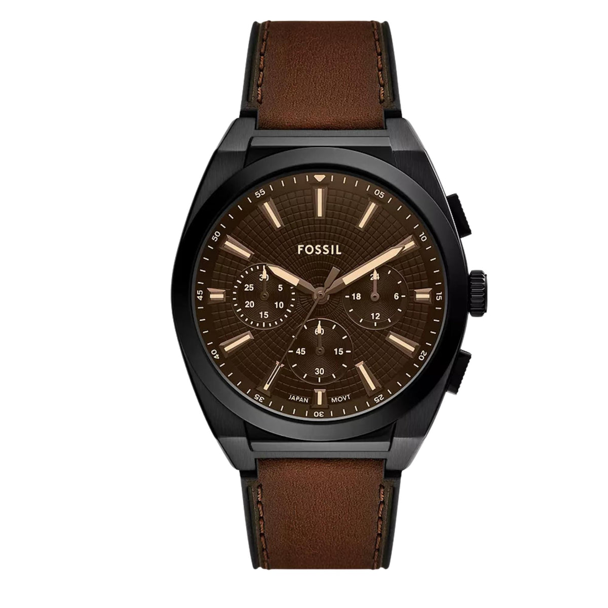 Fossil Everett 44mm chronograph quartz watch with black dial and brown leather strap