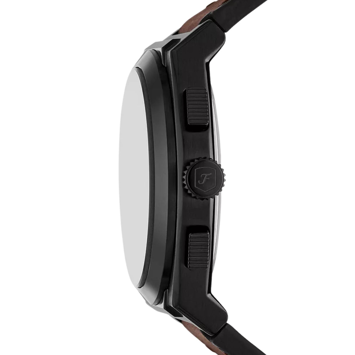 Black chronograph watch case side view with crown and black leather strap