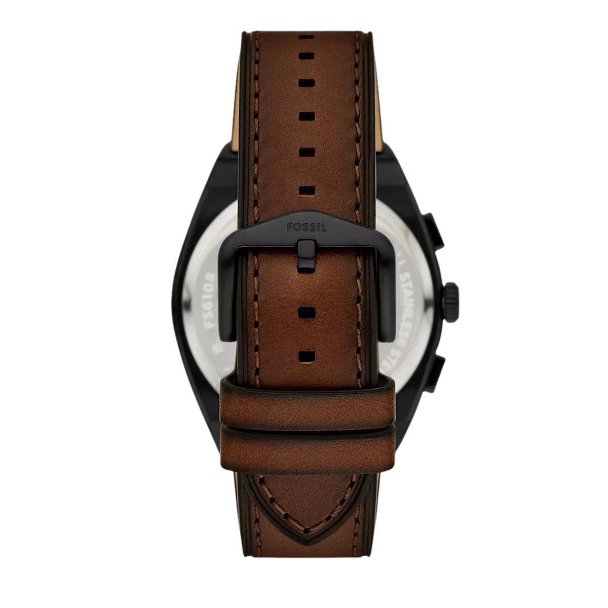 Brown leather strap watch with clasp, black case, and band stitch detail