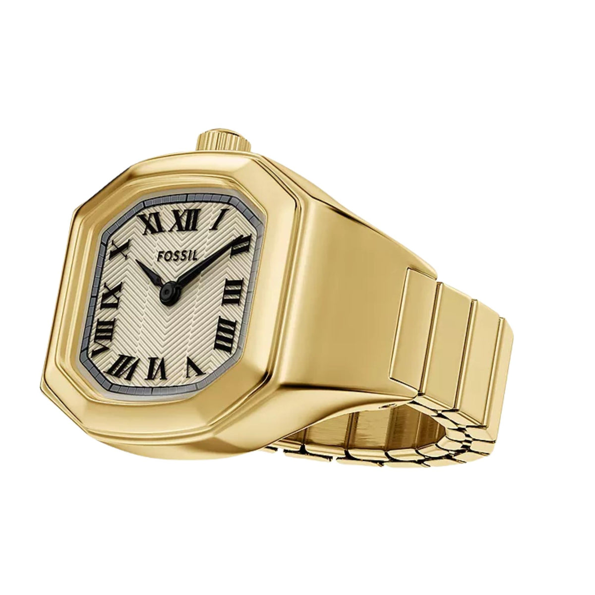 Angled shot of the Fossil Harlow ES5446 cream dial watch showing the gold-tone octagonal bezel and flexible expansion band