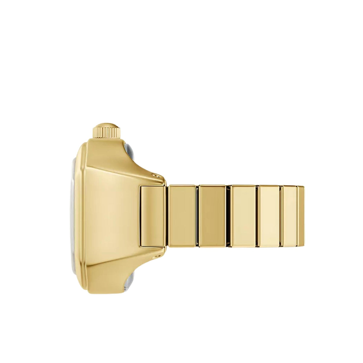 Profile view of Fossil Harlow ES5446 cream dial ring watch detailing the polished gold-tone side casing and winding crown