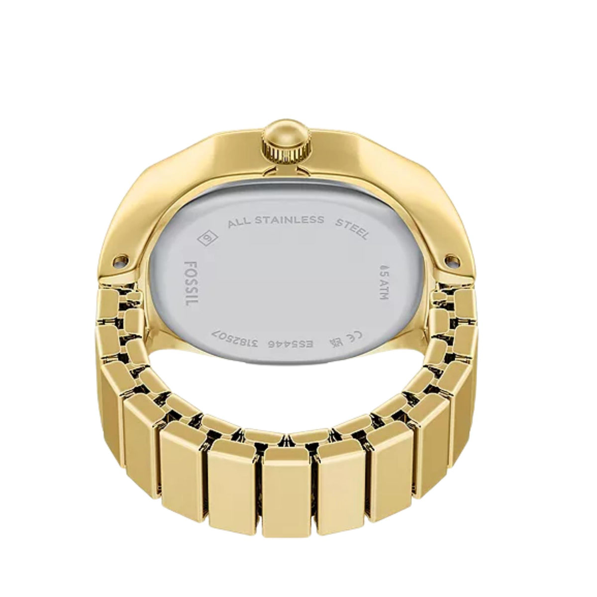 Underside view of Fossil Harlow ES5446 ring watch showing the stainless steel case back and flexible gold-tone expansion ring band