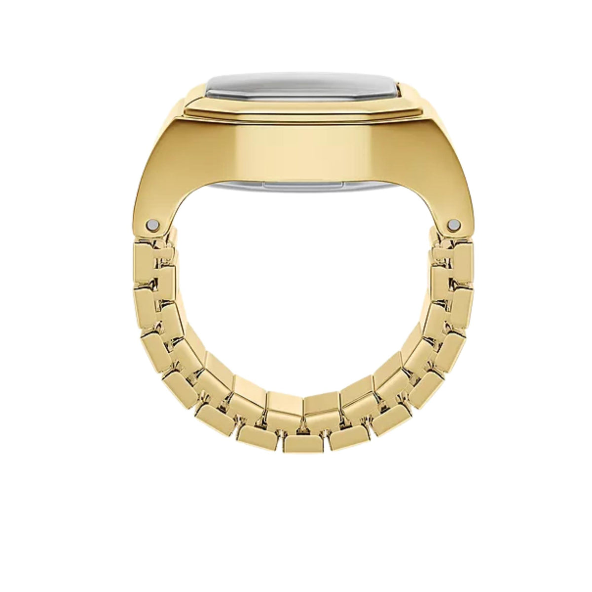 Side angle of Fossil Harlow ES5446 ring watch illustrating the curved gold-tone case profile and flexible expansion ring mechanism
