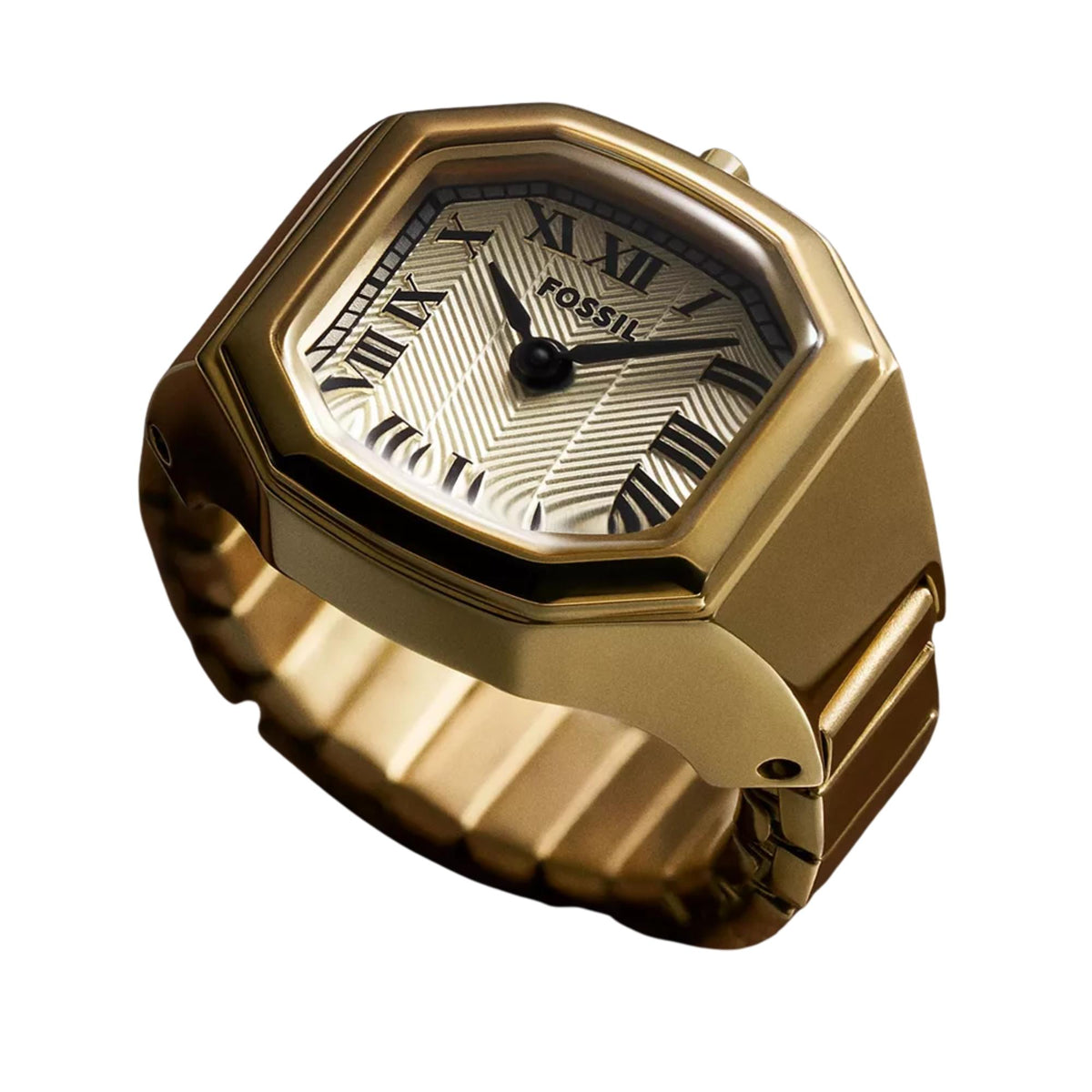 Perspective view of Fossil Harlow ES5446 ring watch displaying the textured cream dial, black hands, and gold-tone finish