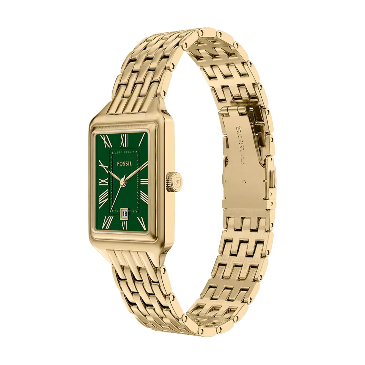 Three-quarter perspective of the Fossil Raquel ES5452 watch showcasing the green dial, gold Roman numerals, and metallic bracelet band
