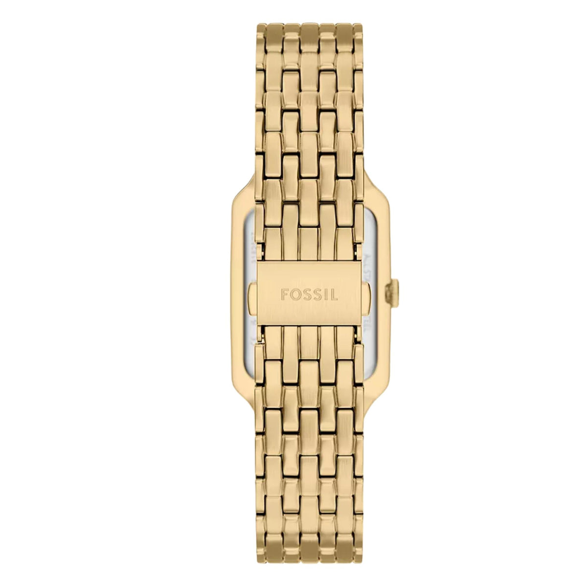 Flat back view of the Fossil Raquel ES5452 watch highlighting the gold-tone multi-link band and branded folding buckle