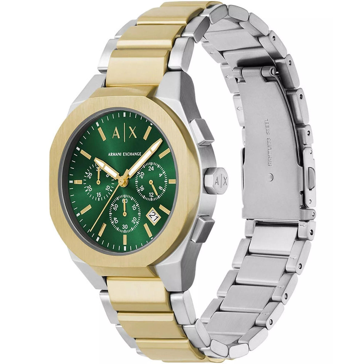Armani Exchange AX4184 Sync mens quartz watch showcasing green dial, gold accents and two-tone link bracelet