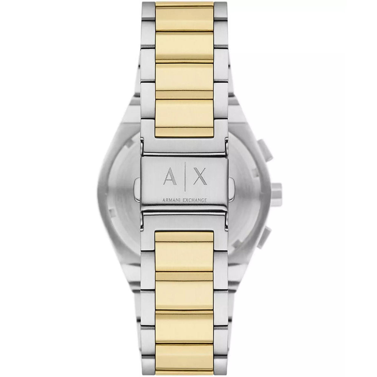 Armani Exchange Sync AX4184 stainless steel case back with engraved branding and two-tone bracelet clasp