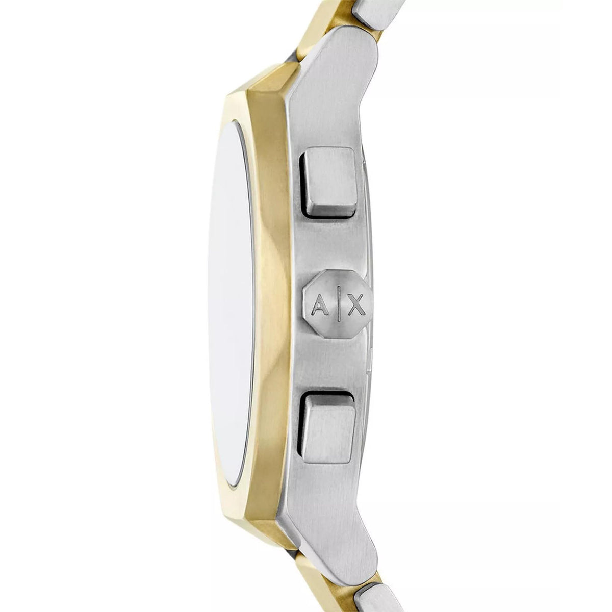 Side view of Armani Exchange Sync 42mm green dial chronograph watch displaying crown, pushers and two-tone case