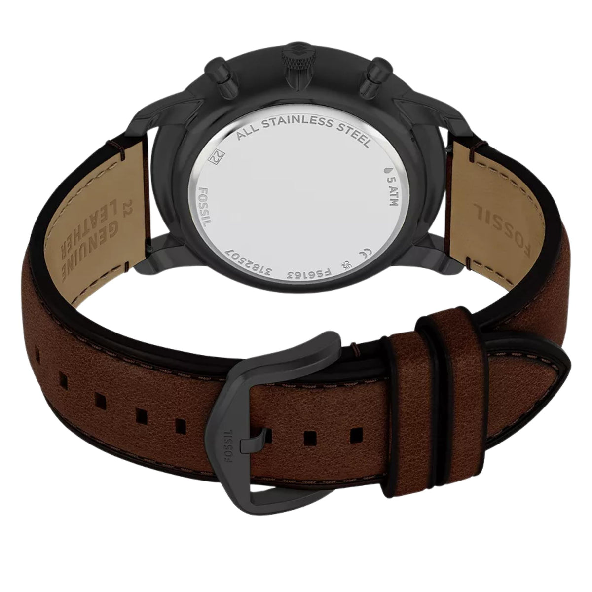 Underside view of Fossil Neutra FS6163 showing the stainless steel case back, black buckle, and brown genuine leather strap