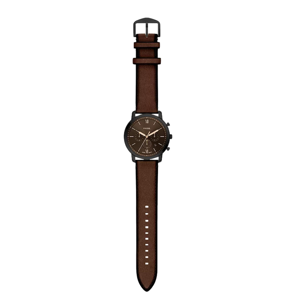 Full flat lay view of Fossil Neutra FS6163 mens chronograph displaying the complete brown leather strap, black dial, and buckle