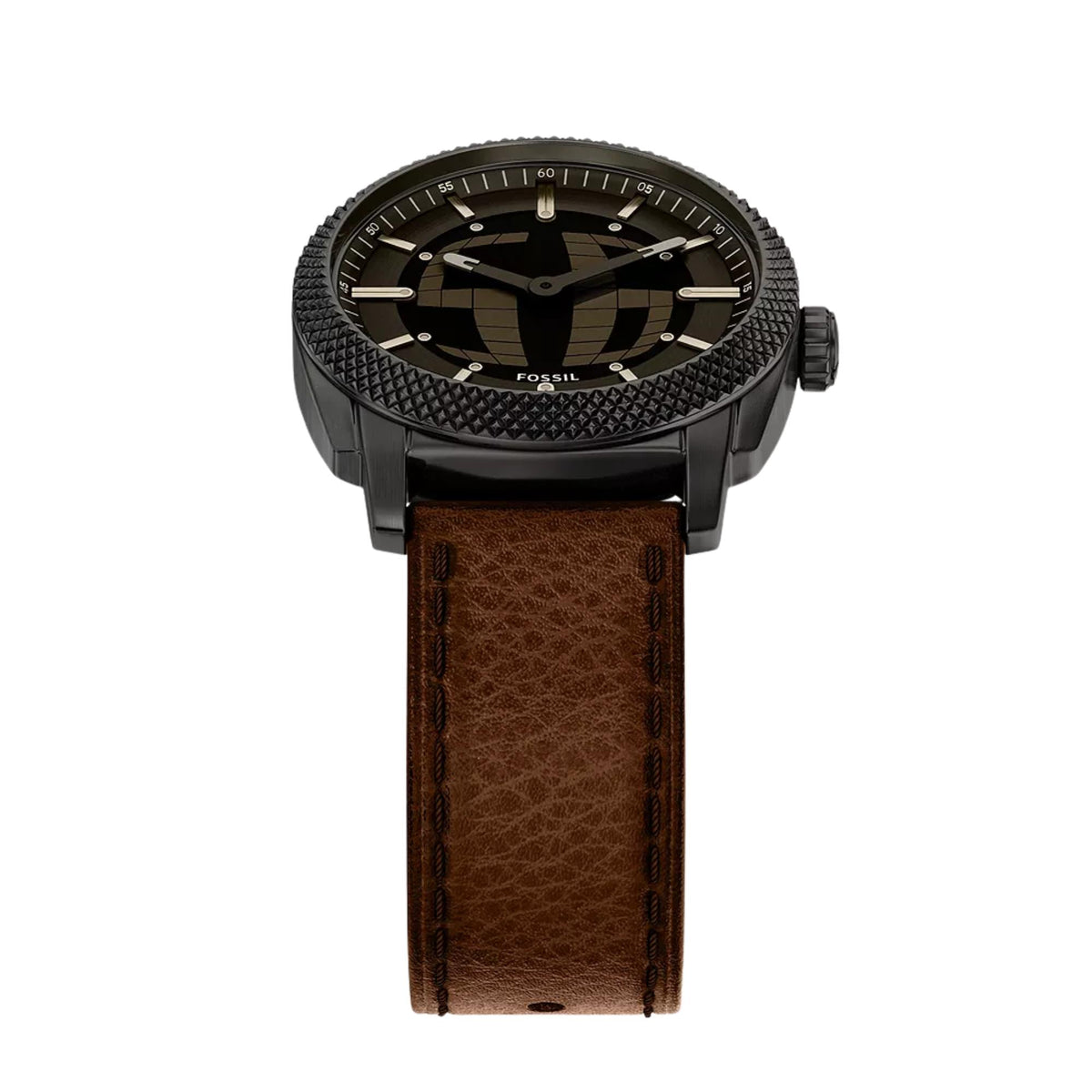 Top-down angle view of Fossil Machine FS6165 mens watch showcasing the black dial, knurled bezel, and brown leather strap.