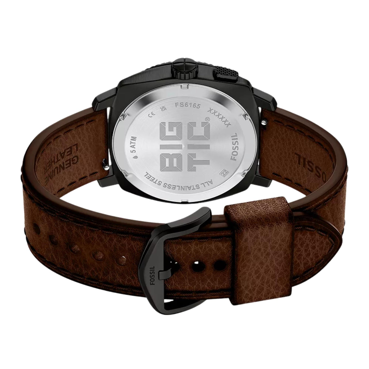 Underside view of Fossil Machine FS6165 showing the stainless steel case back and brown leather strap with black pin buckle.