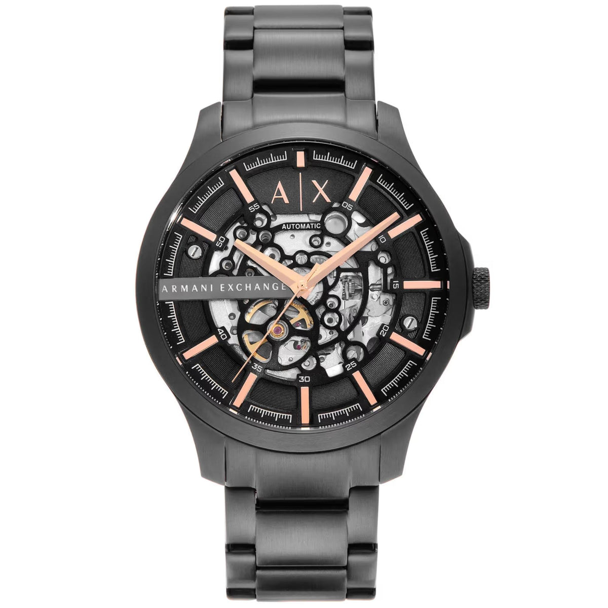Armani Exchange Hampton AX2458 direct front view displaying skeleton black dial with steel link bracelet
