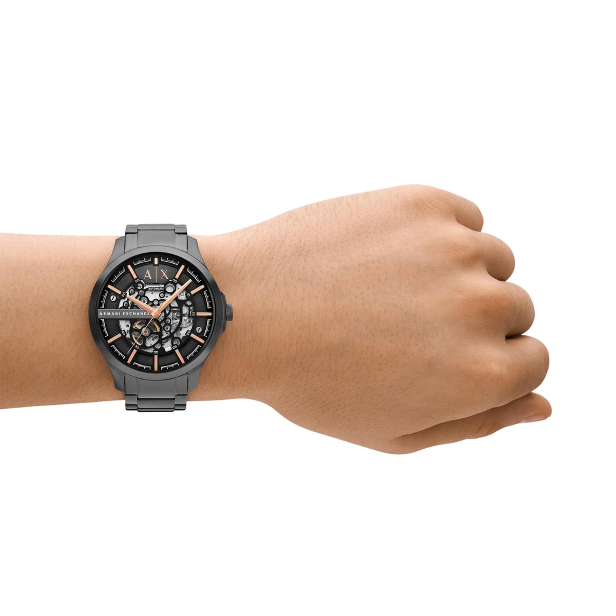 Armani Exchange Hampton AX2458 lifestyle perspective on wrist showing skeleton black dial mens watch