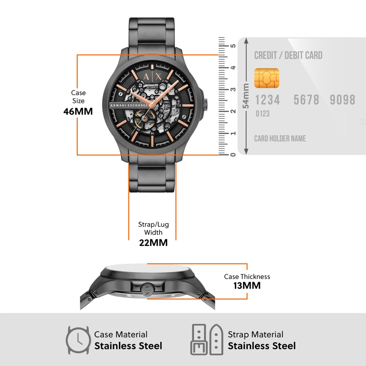 Armani Exchange Hampton AX2458 technical dimension diagram displaying case size, thickness and strap width