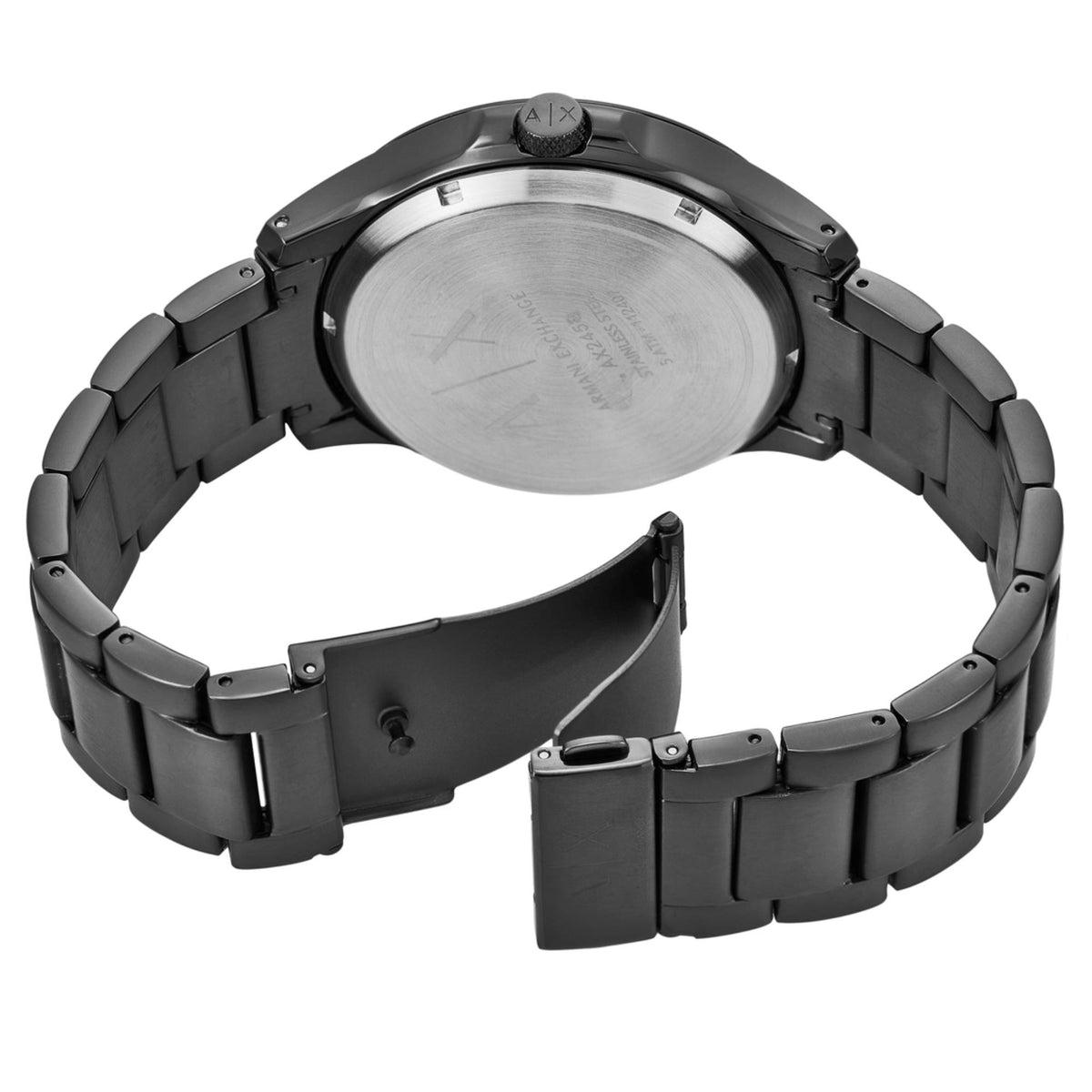 Armani Exchange Hampton AX2458 angled rear view showing stainless steel case back and open folding clasp
