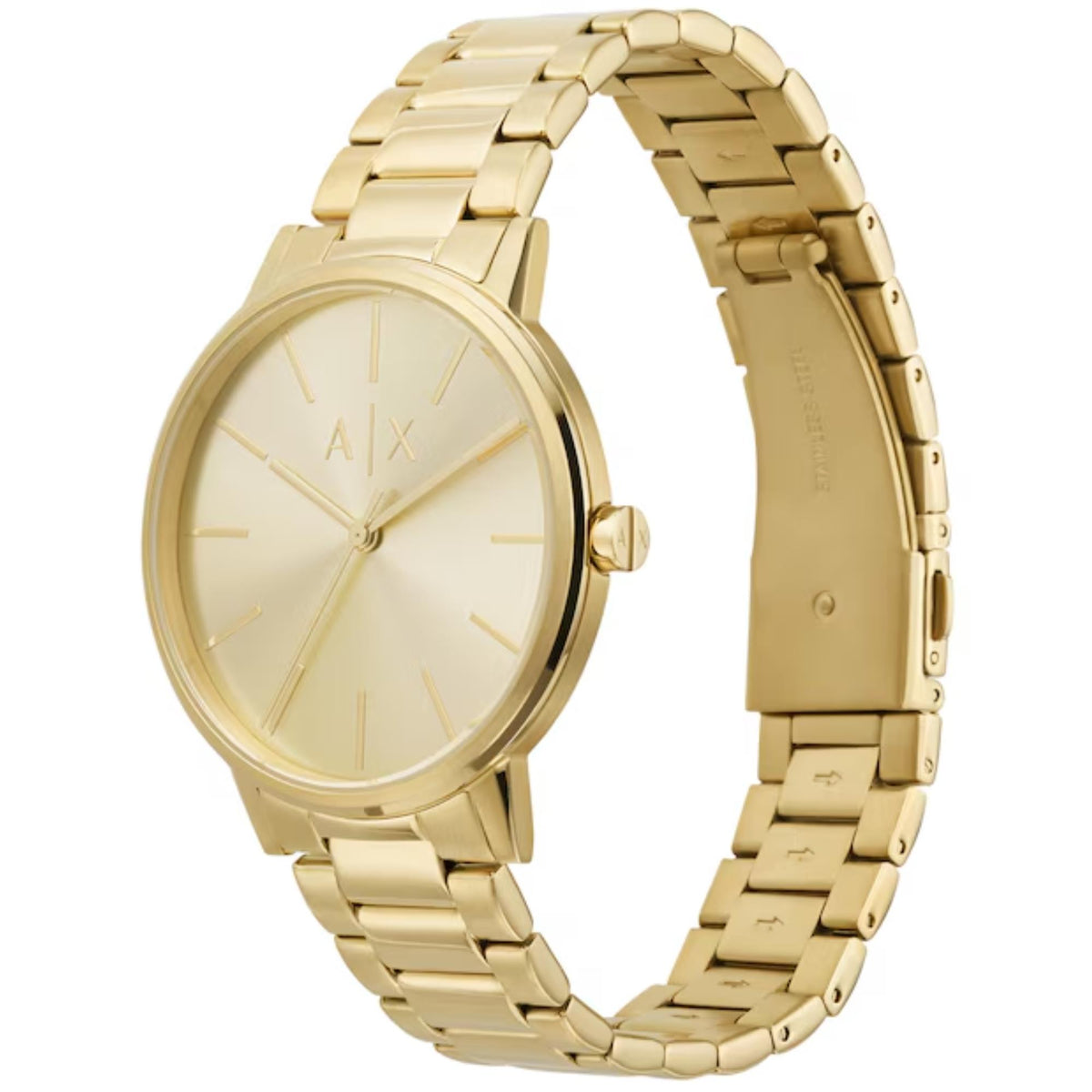 Armani Exchange Cayde AX7144SET perspective view of gold dial watch showcasing steel link bracelet and case profile