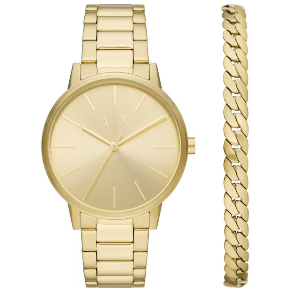 Armani Exchange Cayde AX7144SET front view of gold dial watch paired with matching steel chain bracelet