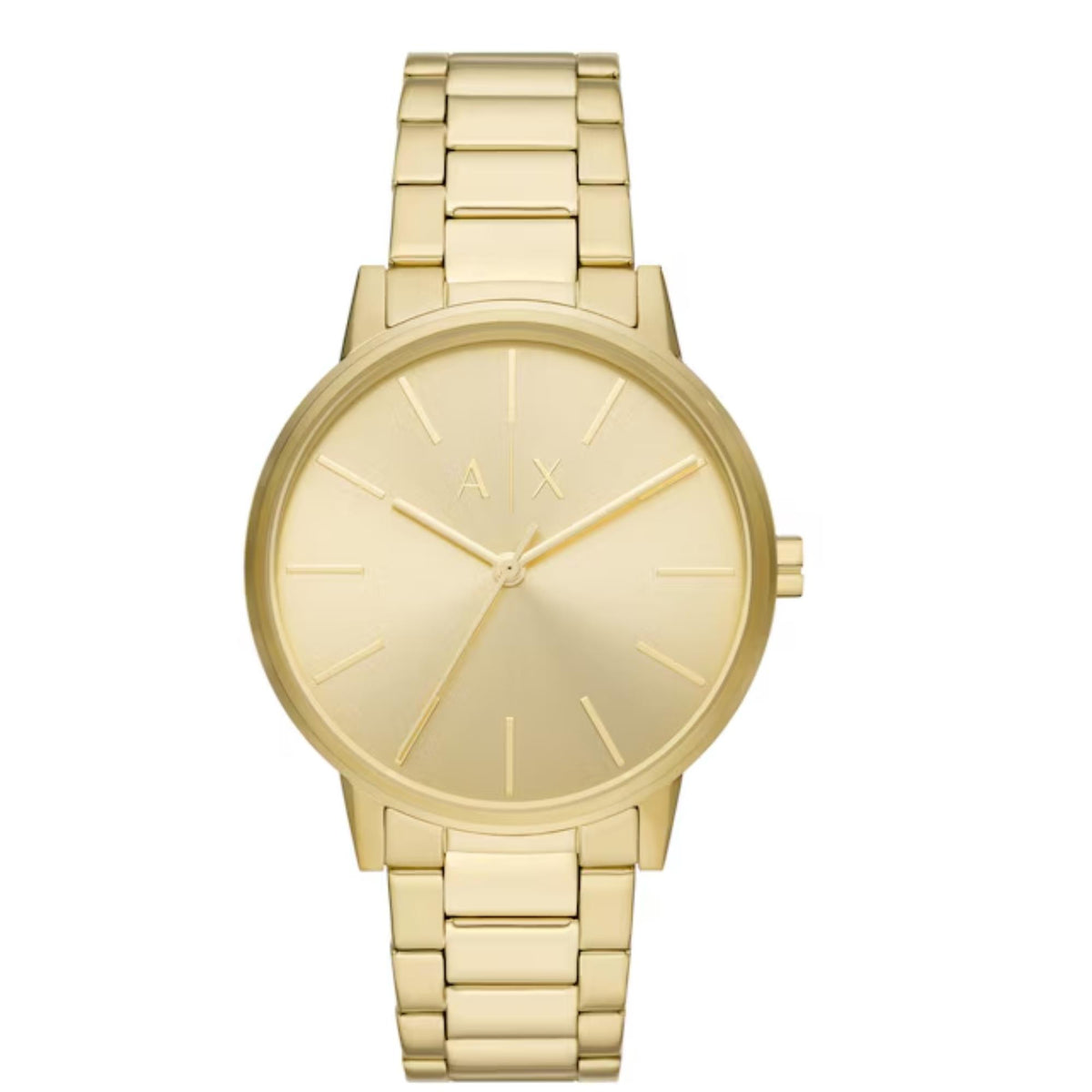 Armani Exchange Cayde AX7144SET direct front view highlighting gold dial with minimalist baton hour markers