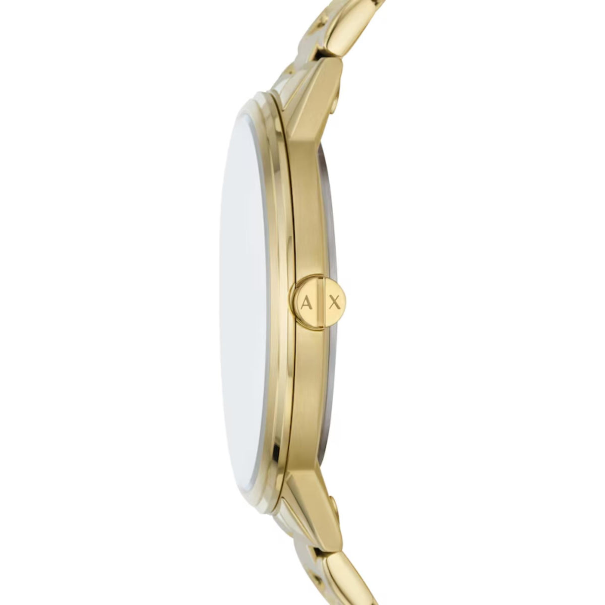 Armani Exchange Cayde AX7144SET side profile view focusing on watch case thickness and engraved winding crown