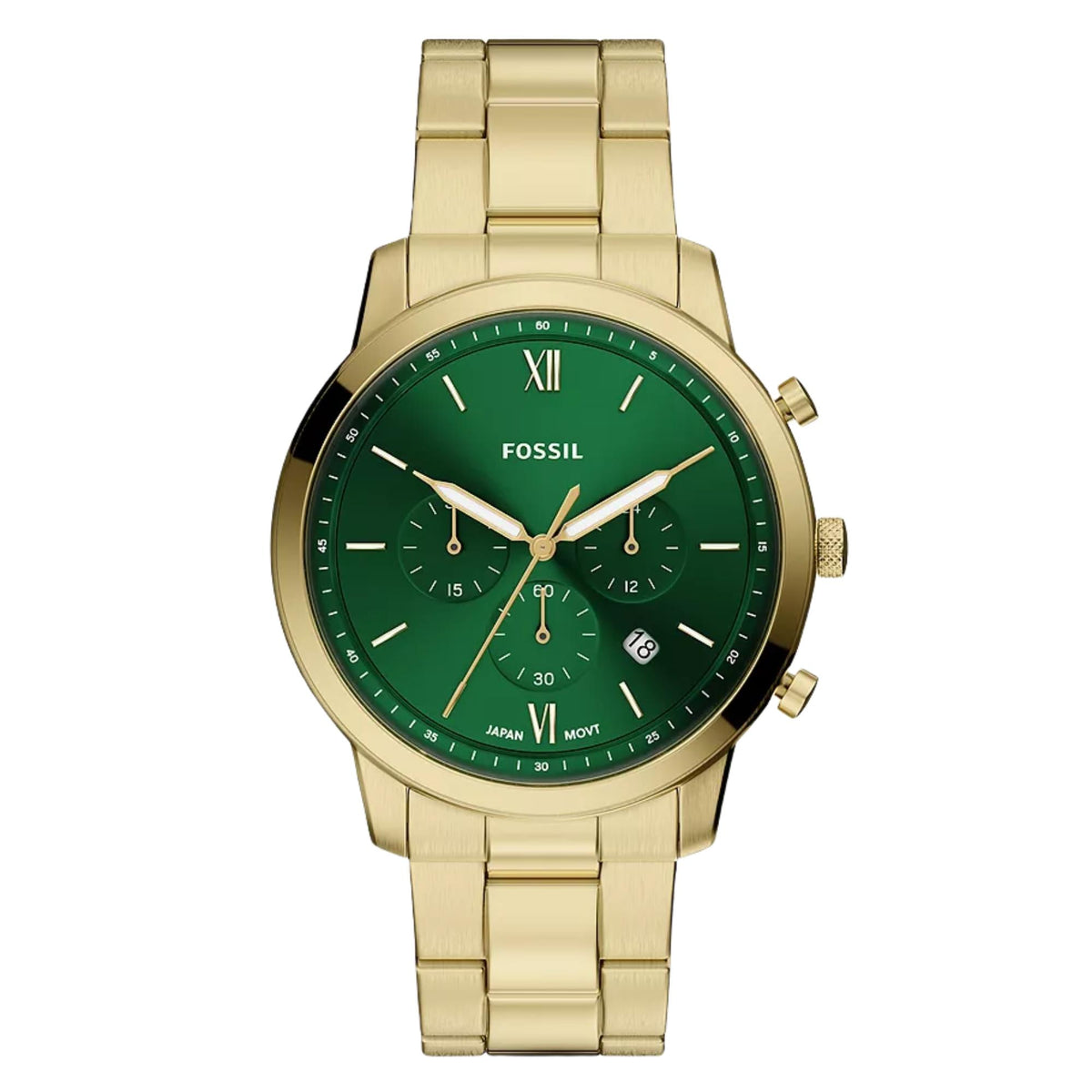 Front view of Fossil Neutra FS6164 mens watch displaying the green dial, gold-tone stainless steel case, and matching bracelet