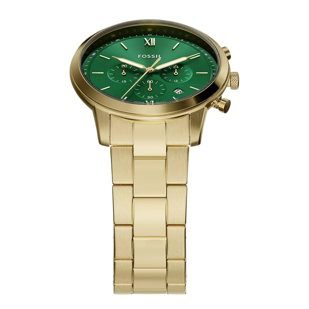 Top-down angled view of Fossil Neutra FS6164 mens watch emphasizing the green dial, gold-tone bezel, and bracelet link attachment