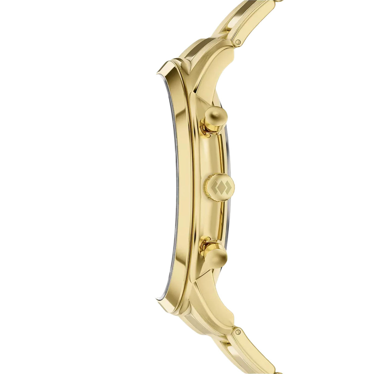 Side profile view of Fossil Neutra FS6164 mens timepiece focusing on the slim gold-tone casing, signed crown, and chronograph pushers