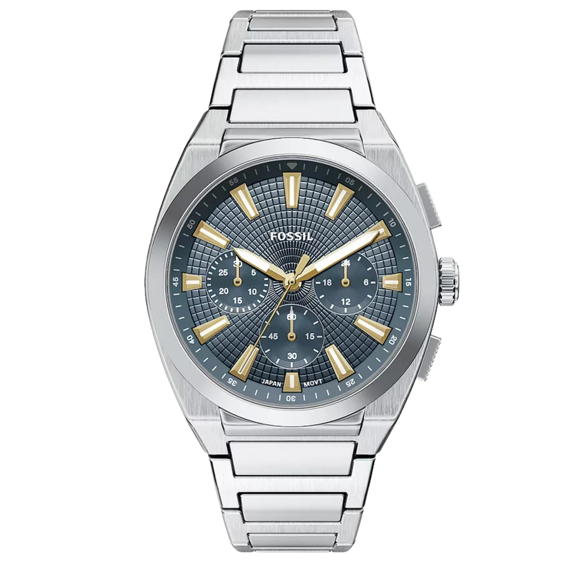 Front view of the Fossil Everett FS6154 mens watch featuring a textured blue chronograph dial and stainless steel bracelet