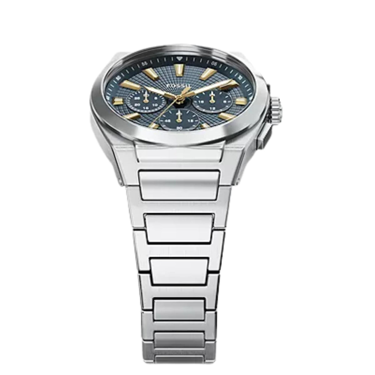 Vertical view highlighting the link bracelet and brushed silver finish of the Fossil Everett FS6154 chronograph