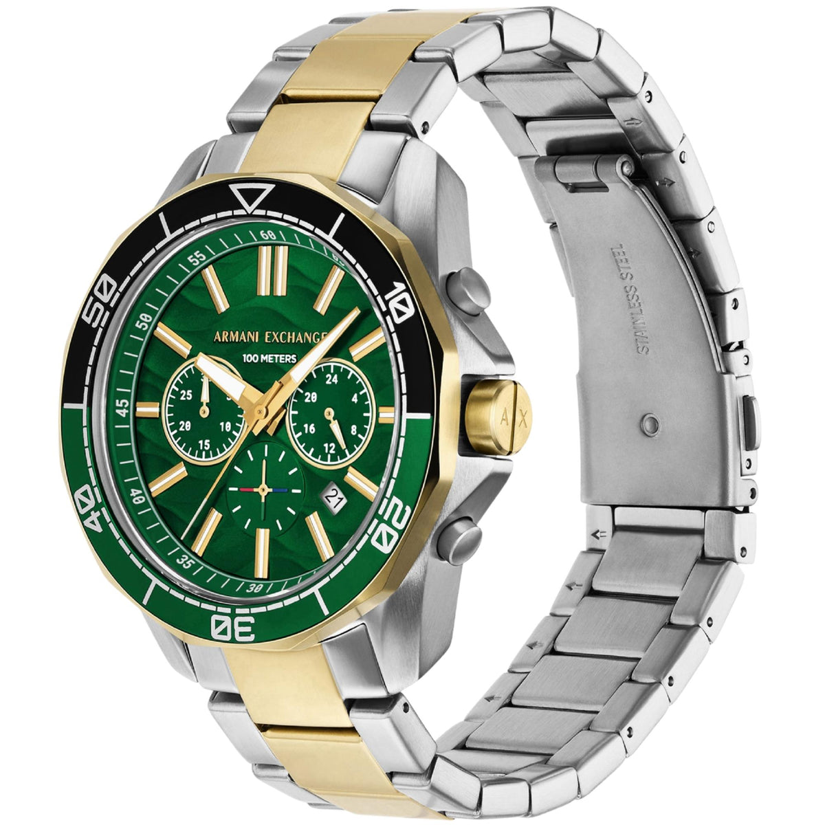 Steel watch case and bracelet with green dial, chronograph subdials and gold accents