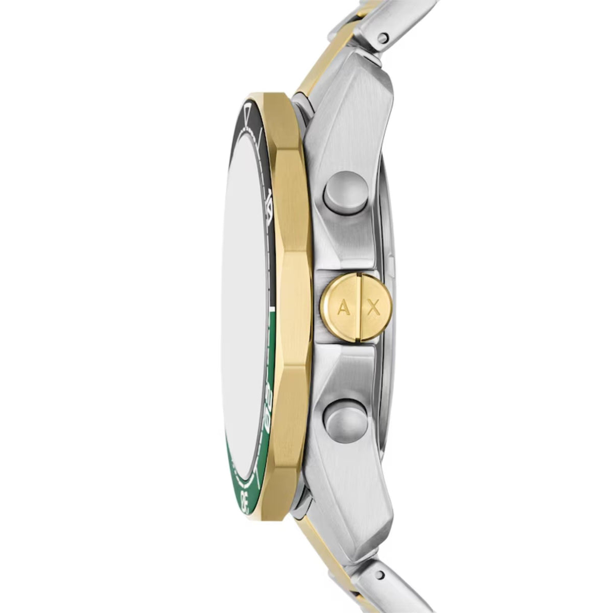 Side view of steel quartz watch with gold bezel accents and crown