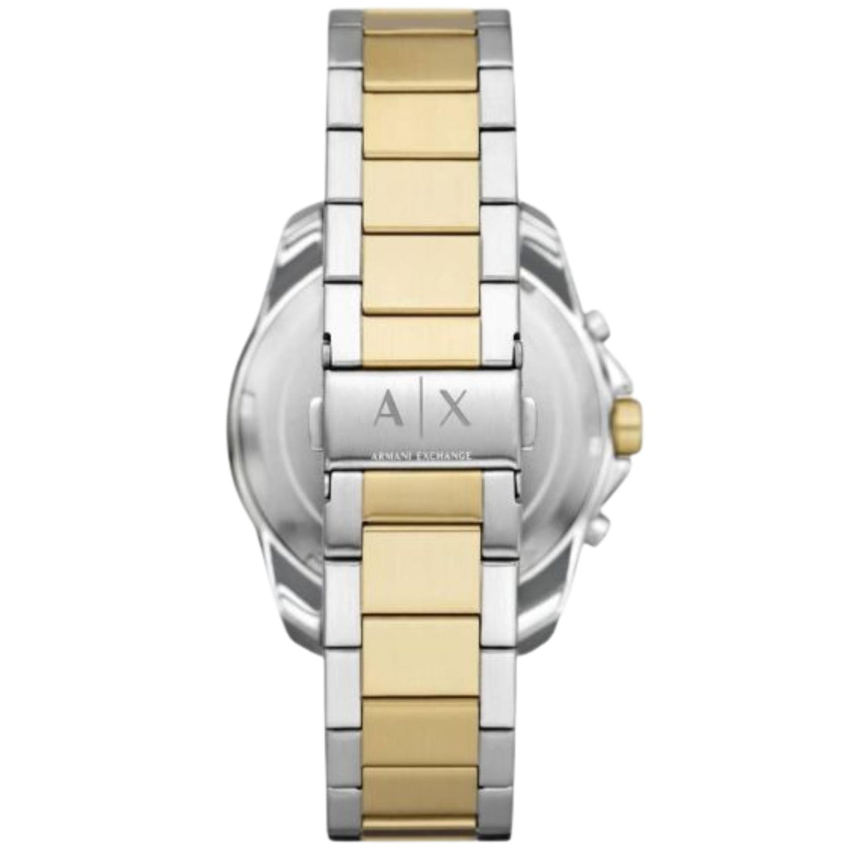 Close front view of steel bracelet watch with gold center links and A|X branding