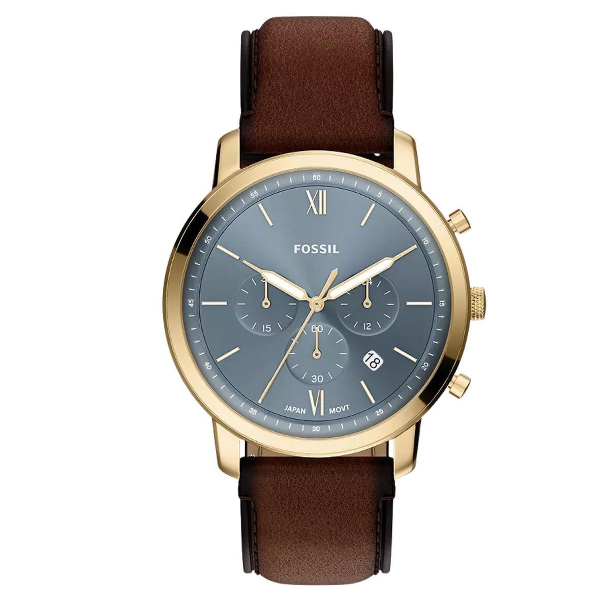 Front view of Fossil Neutra FS6162 mens watch displaying the blue dial, gold-tone case, and brown leather strap