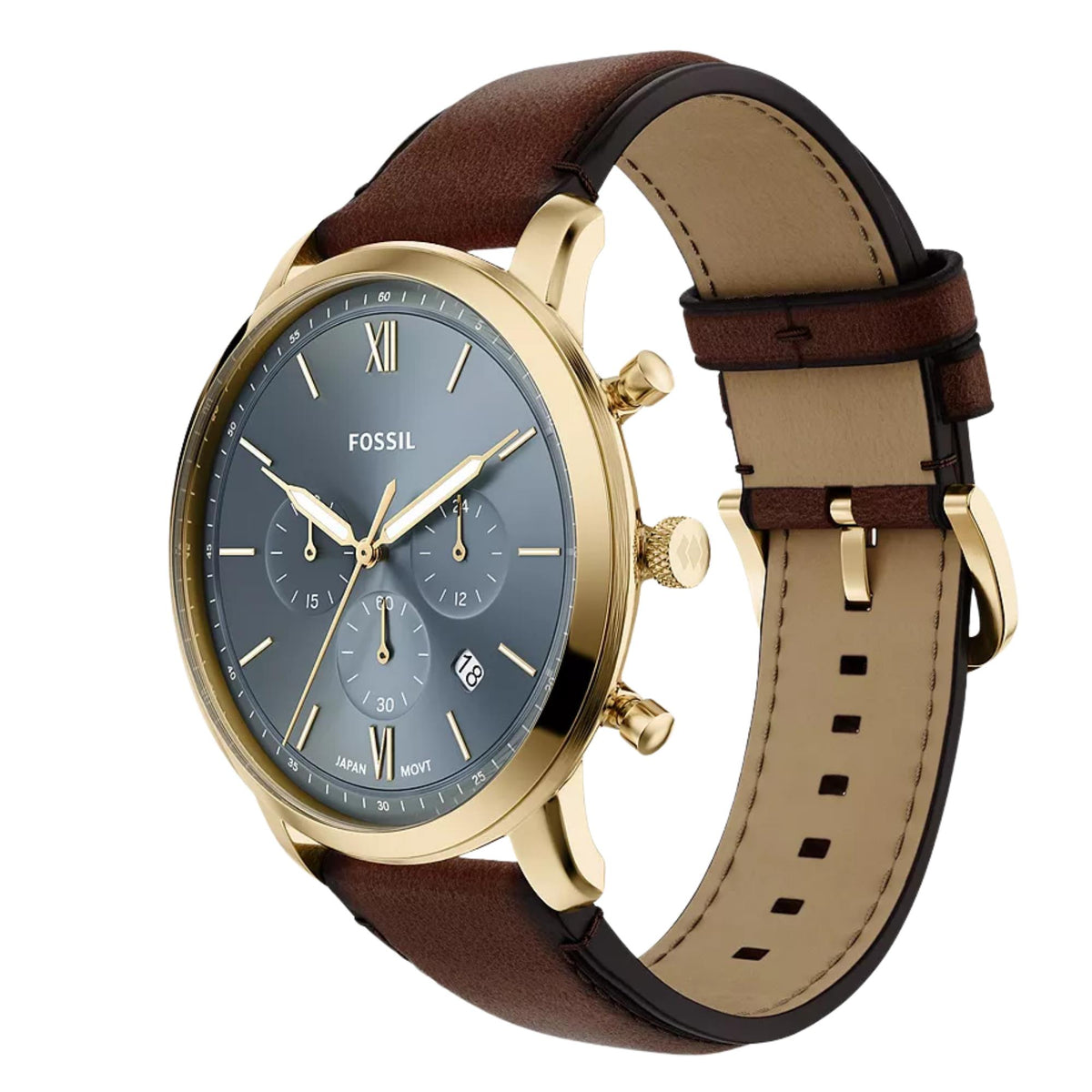 Three-quarter perspective of Fossil Neutra FS6162 mens watch detailing the blue dial, sub-dials, and gold-tone pushers