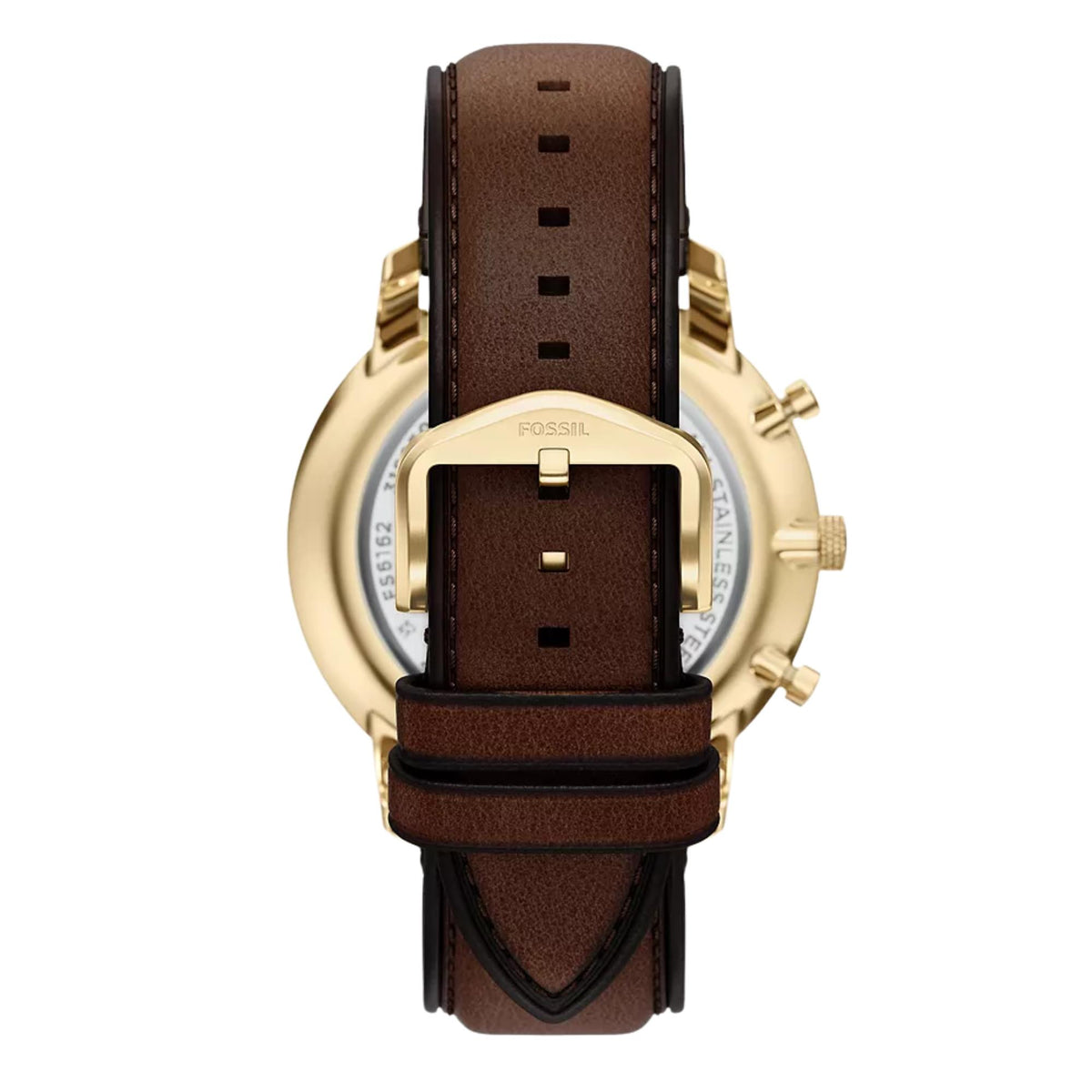 Rear view of Fossil Neutra FS6162 showing the gold-tone buckle, brown leather strap, and stainless steel case back