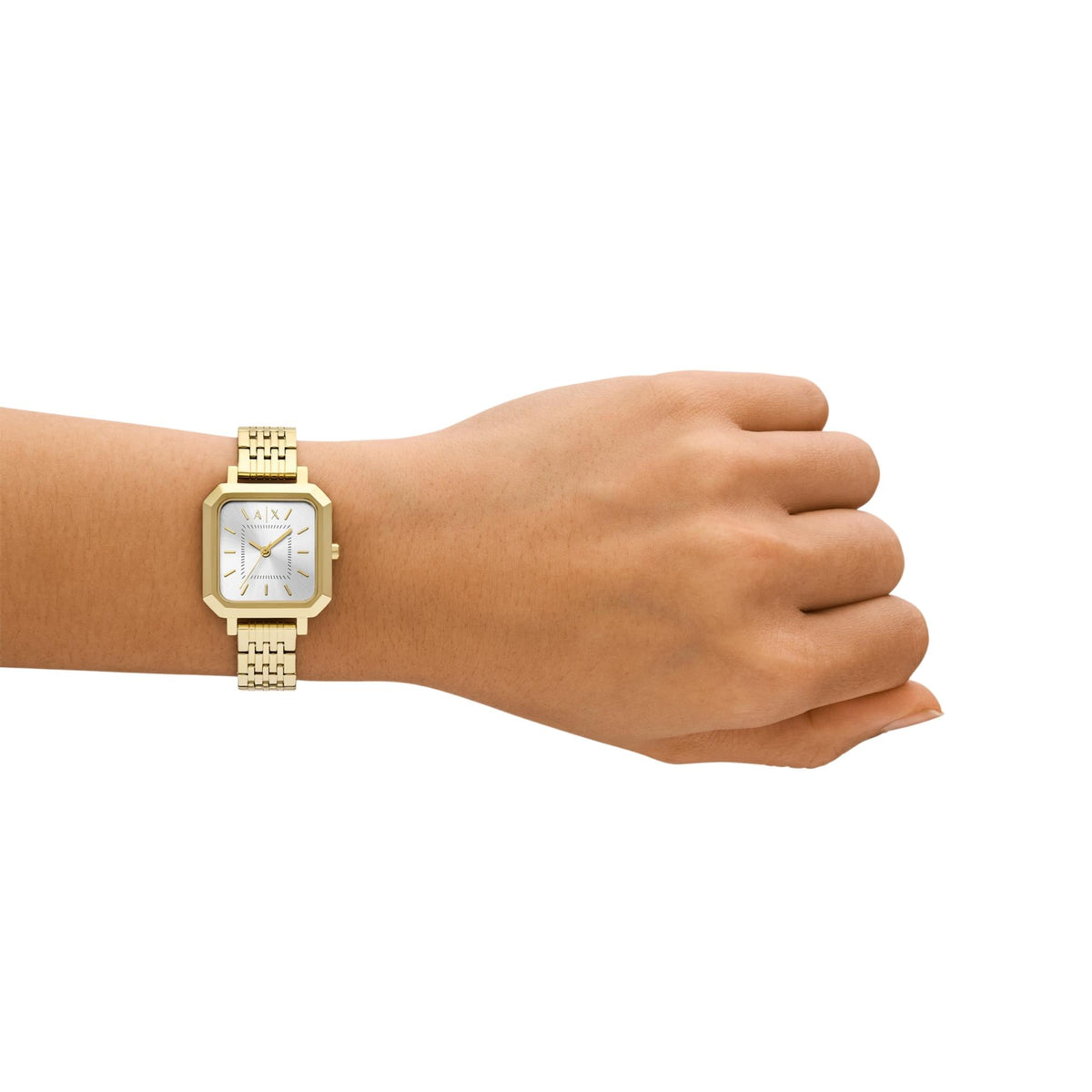 Elegant Armani Exchange Leila women's quartz watch in gold worn on wrist showcasing perfect everyday fit