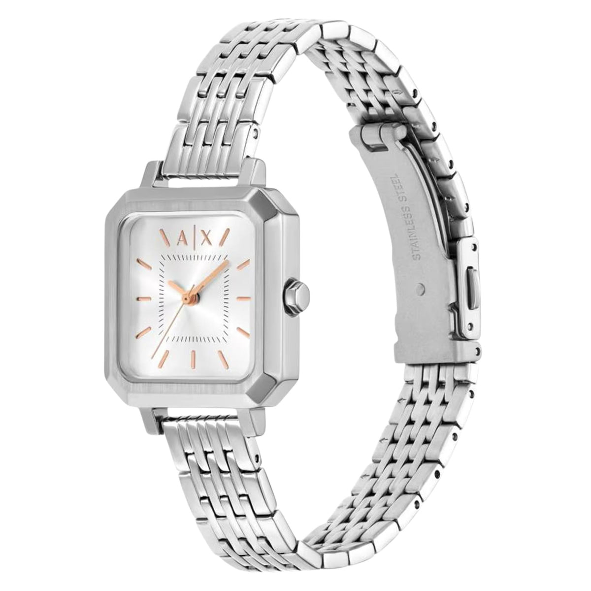 Armani Exchange AX5724 Leila watch stainless steel bracelet and deployment clasp close-up