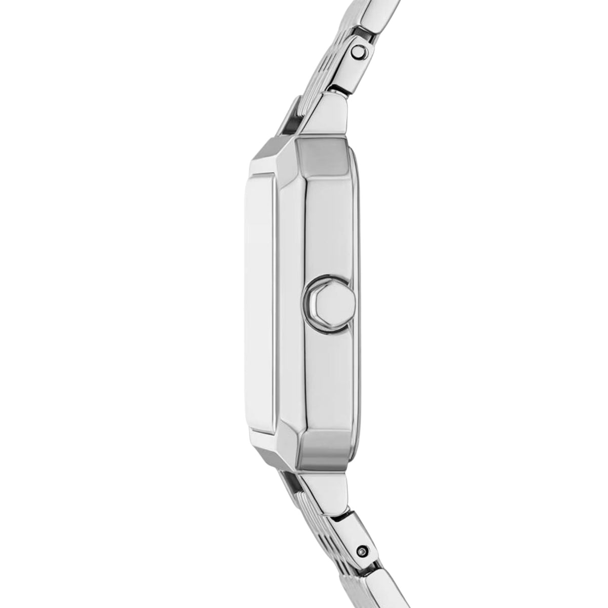 Side view of Armani Exchange Leila 27mm silver ladies watch showcasing slim case thickness and crown