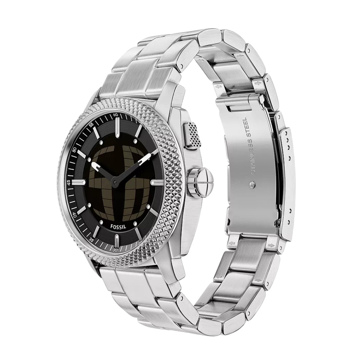 Fossil stainless-steel watch angled view with textured bezel and side crown