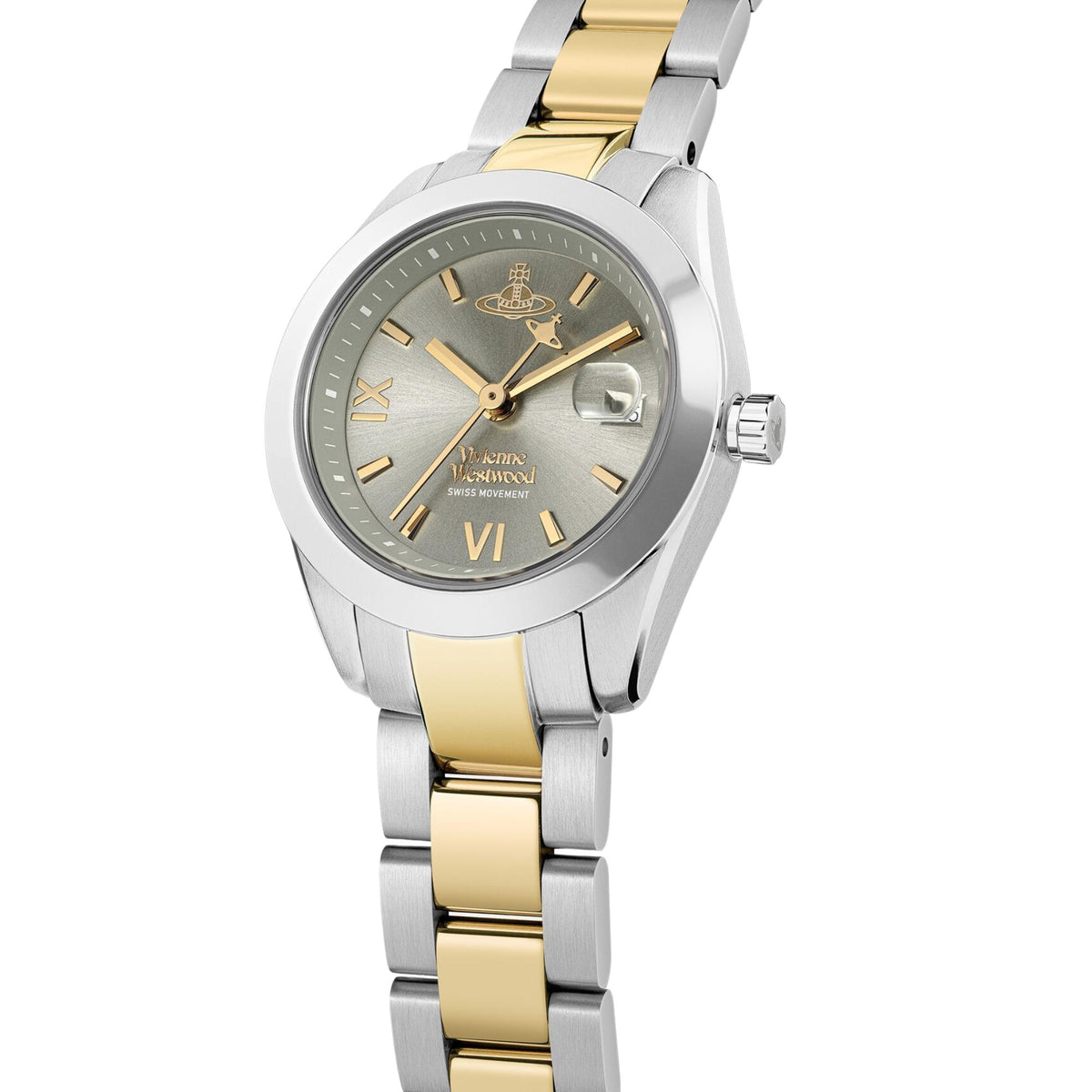 Vivienne Westwood Fenchurch VV292GYSG two-tone steel strap and case perspective view